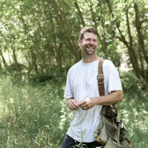 Carpenter timber framer Douglas Benoit and his tool bags